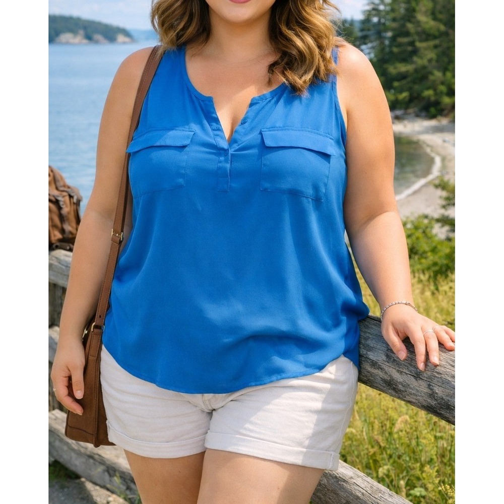 Daniel‎ Rainn Womens Teal Blue Sleeveless V-Neck Pocket Blouse 1X NWT